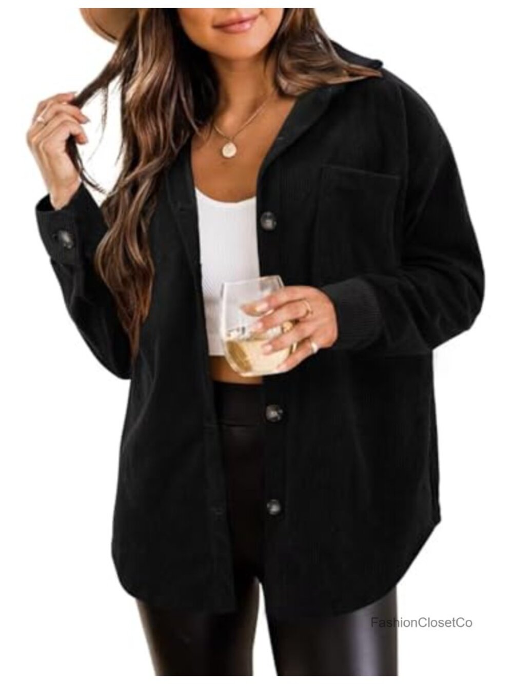 Women's Corduroy Button Down Shacket Jacket Long Sleeve Loose Fit Casual